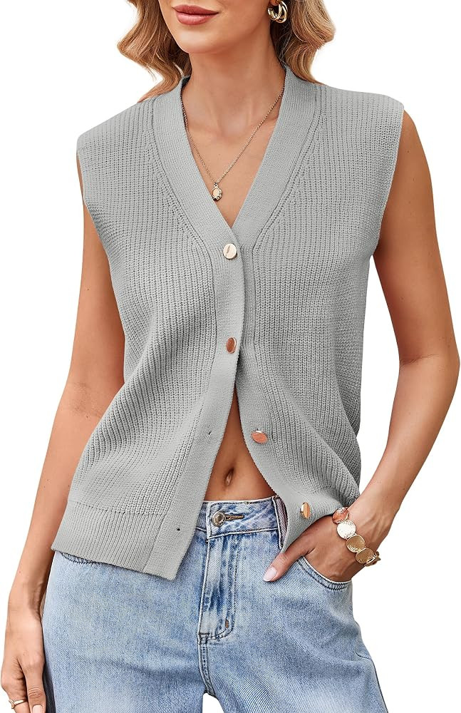 Womens Button-Front Sweater Vest Top V Neck Sleeveless Knit Tank Fitted Halter Raceback Cardigan ... | Amazon (US)