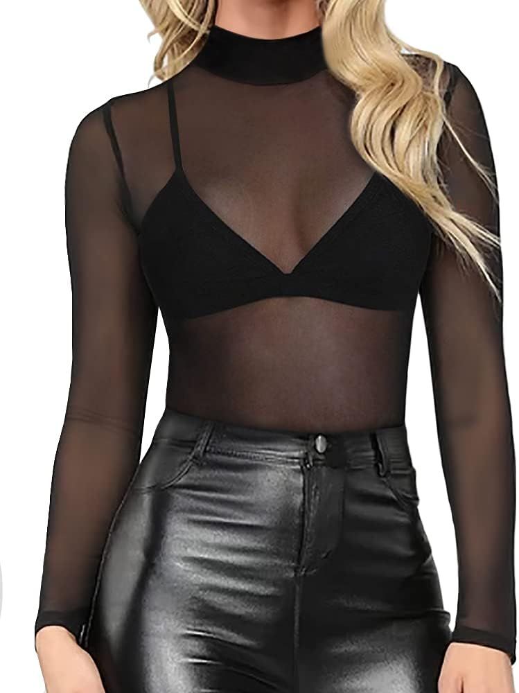 Women's Short Sleeve Long Sleeve Bodycon Clubwear Sheer Pure Mesh Tops T Shirts | Amazon (US)