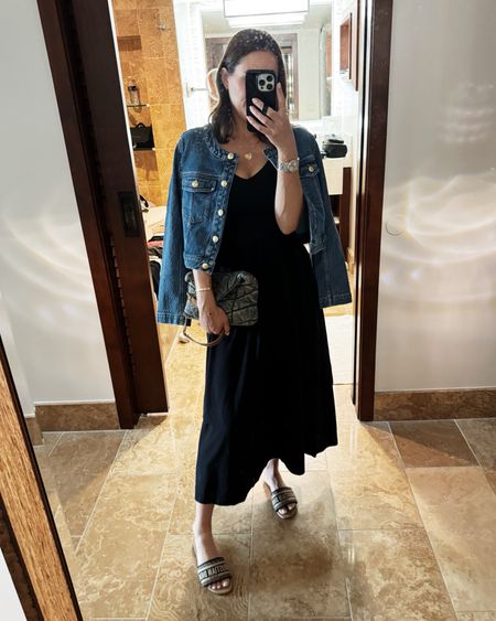 Dinner in Palm Springs! This dress is so comfortable but also cute! Love this chic denim jacket (wearing a size 4). 

#LTKstyletip #LTKSeasonal #LTKover40