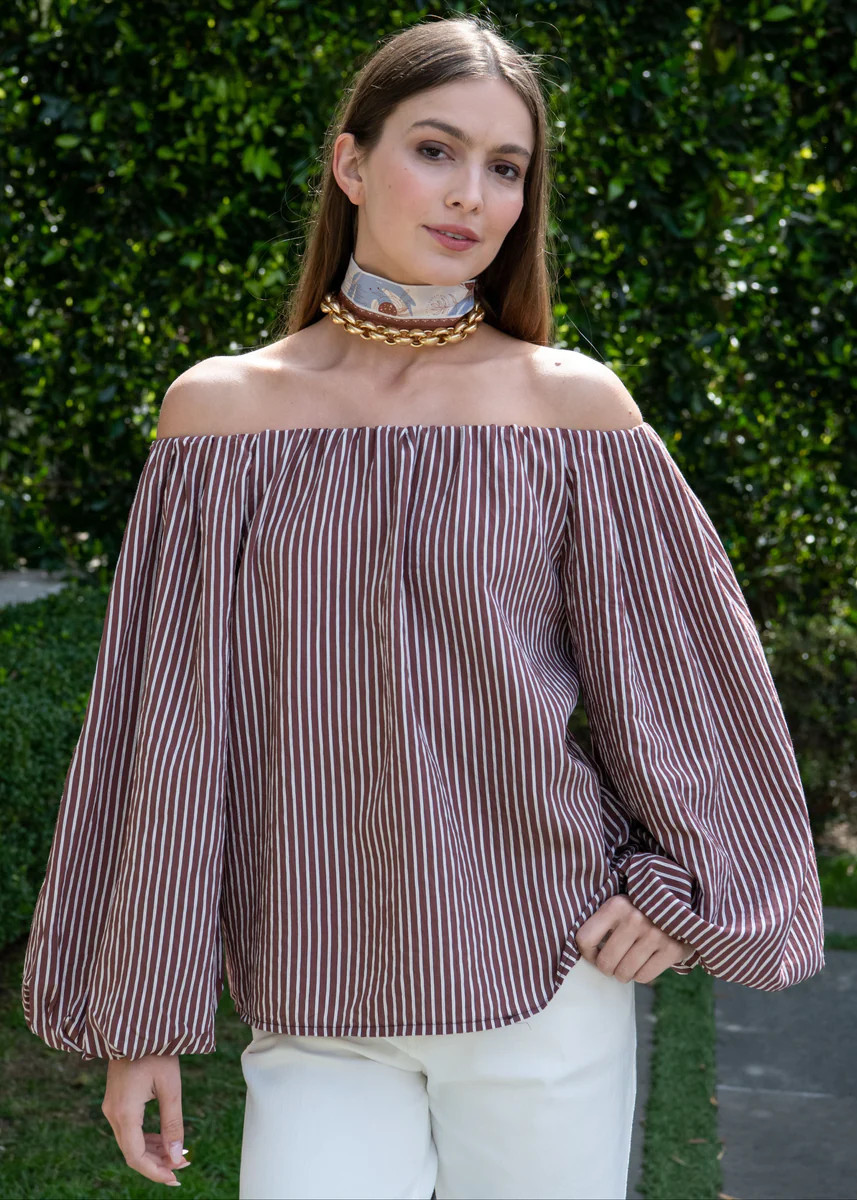 Candace Brown and White Stripe Off the Shoulder Top | Benaar La