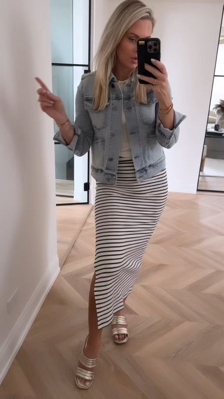 Spring outfit! ✨
You can never have enough denim jackets! This one is fun because of the double pockets and the wash is perfect. I’m wearing smalls in everything. 

Maxi skirt. Stripes. Denim jacket. Spring outfit. Summer outfit. Sandals. 

#LTKSeasonal #LTKstyletip #LTKfindsunder100