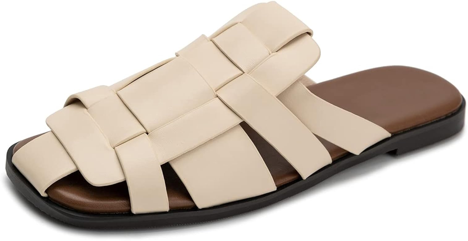 Marcoomo Flat Mules Round Toe Spliced Strap Patchwork Woven Buckled Slip-on Sandals Slippers Backles | Amazon (US)