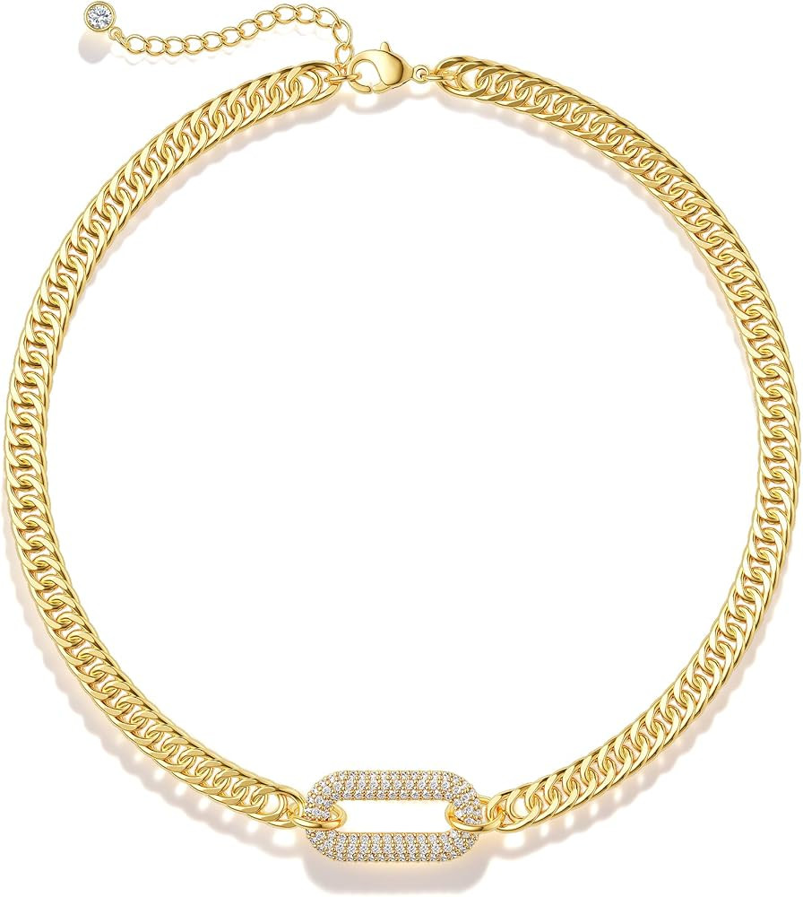 Moodear Gold Necklace for Women Trendy - Chunky Herringbone Paperclip Cuban Link Chain Choker Hyp... | Amazon (US)