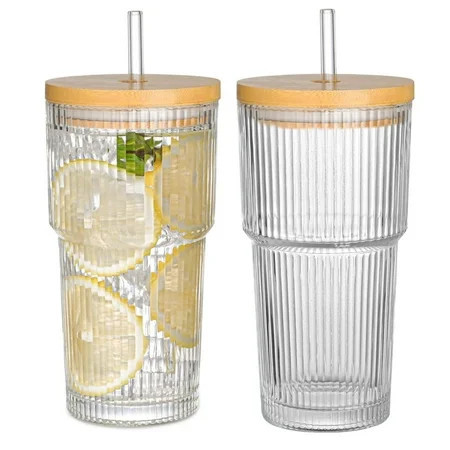 SONG 20oz Ribbed Glass Coffee Cups with Lids and Straw,1PCS Glass Cups with Lid and Straw, Vintage Iced Coffee Cups Glassware Tumbler for Whiskey Cocktail Beer | Walmart (US)