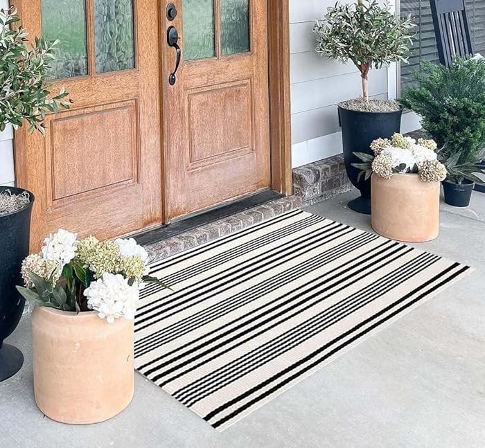 BUAGETUP Black and White Layered Doormat,27.5x43.3inch Striped Outdoor Rug Hand Woven Cotton Indo... | Amazon (US)