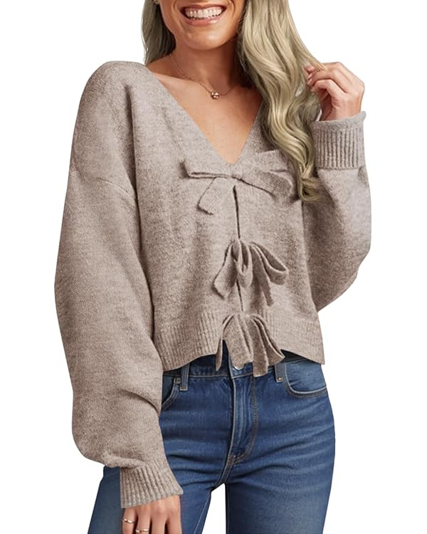 Saodimallsu Womens Bow Sweater Cropped V Neck Long Sleeve Fall Cozy Knit Loose Trendy Pullover Sw... | Amazon (US)