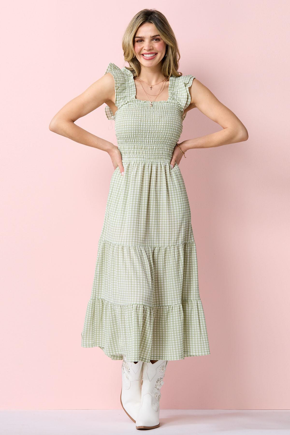 Smocked Gingham Dress - Green | Cato Fashions