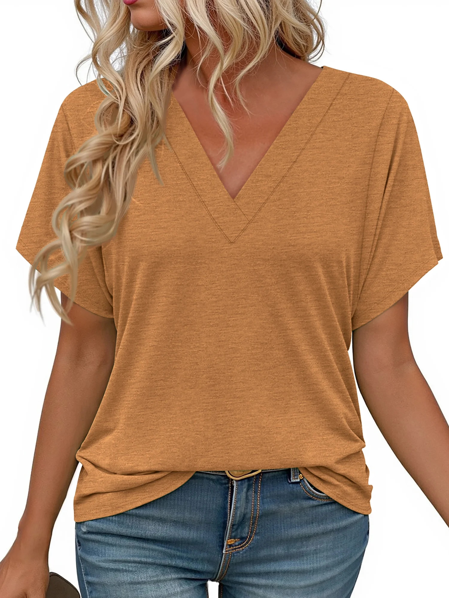 MOSHU Deep V Neck Womens Tops Curved Hem Shirts for Women Fashion Trendy Blouses Casual Loose Fit... | Walmart (US)