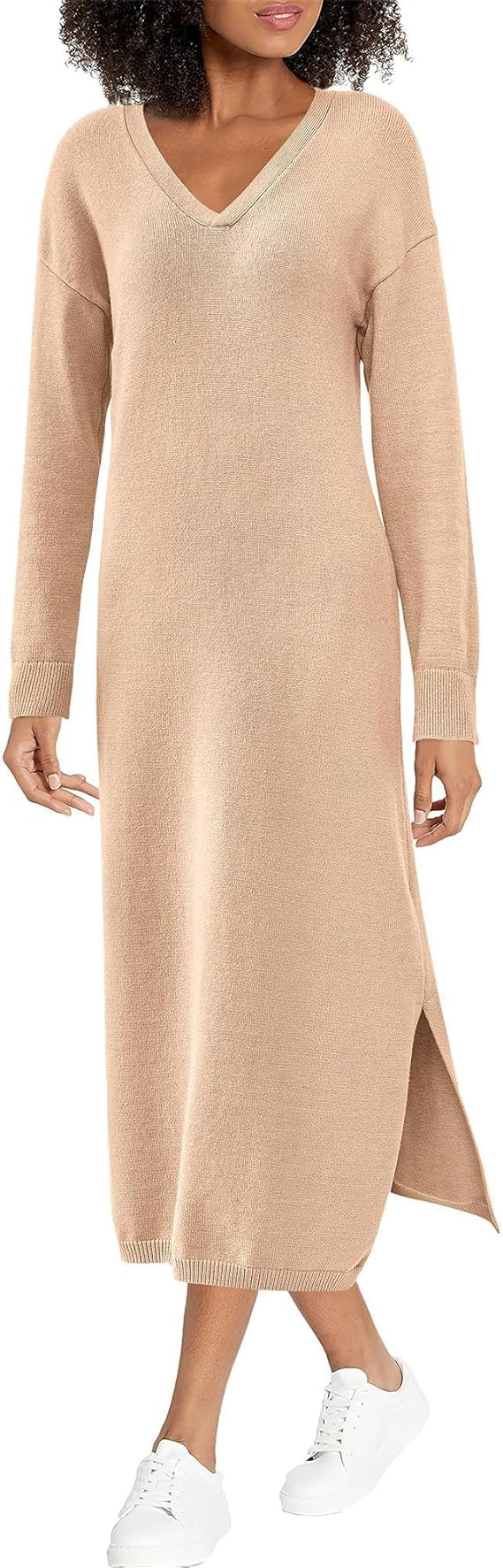 BTFBM Womens Fall Fashion 2025 Sweater Dress Casual V Neck Long Sleeve Slit Knit Oversized Sweate... | Amazon (US)