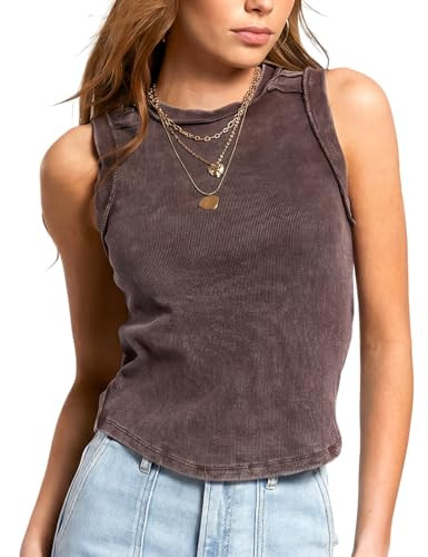 Wyeysyt Womens Acid Wash Tank Top Sleeveless Cotton Ribbed Fitted High Neck Raw Edge Tank | Amazon (US)