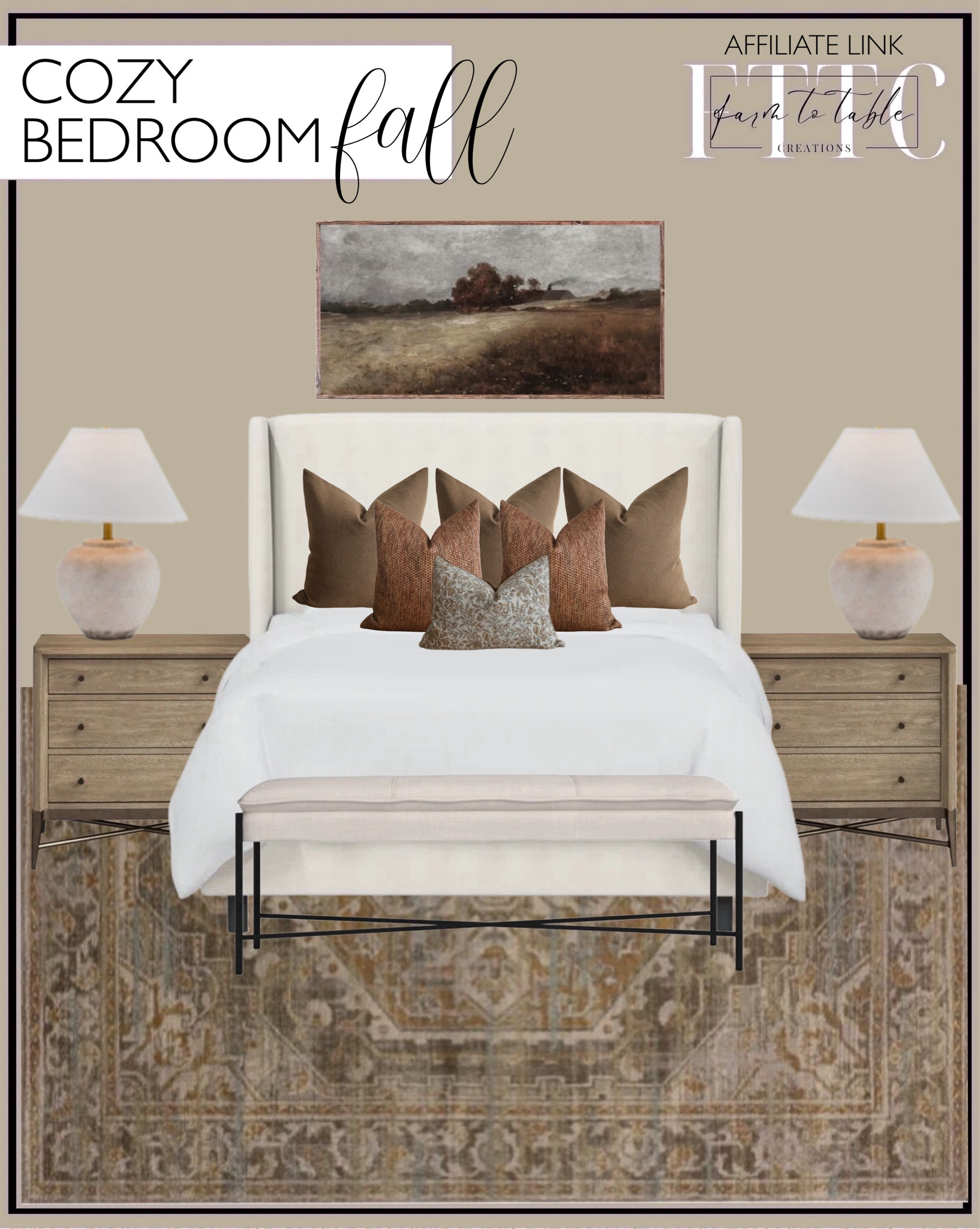 Curated Collection. Follow @farmtotablecreations on Instagram for more inspiration.

Tilly Upholstered Bed. Regan Nightstand. Moody Autumn Landscape Art. Bedside Lamps. Landers Linen Bench. Autumn Brown Pillow Cover. Weathered Rust Pillow Cover. Mona Loloi Rug. Fall Bloom Block Print. Hackner Home. 

Bedroom. Fall Bedroom. Autumn Bedroom. Upholstered Bed. Cozy Bedding. Bedroom Pillows. Nightstands. Bedroom Rug. 

#LTKHome #LTKFindsUnder50 #LTKSaleAlert