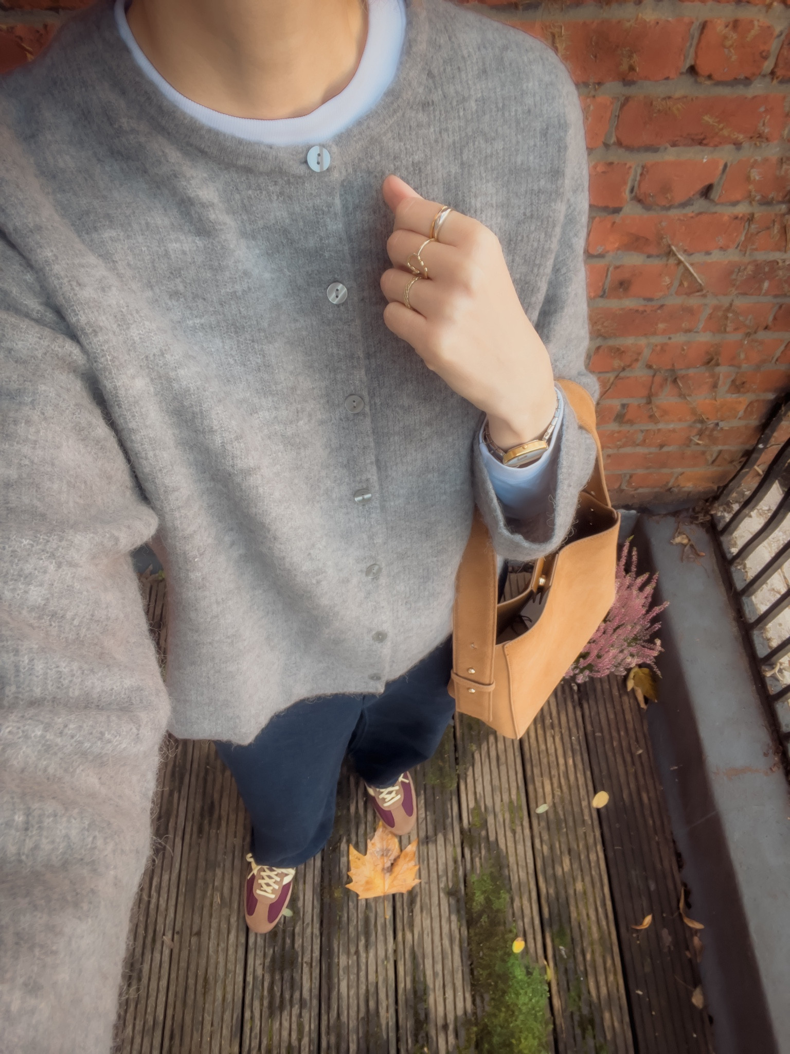 September Fall Look - grey cardigan suede bag and burgundy adidas sneakers 🩶🤎🍂#FashionMonth

#LTKuk #LTKautumn