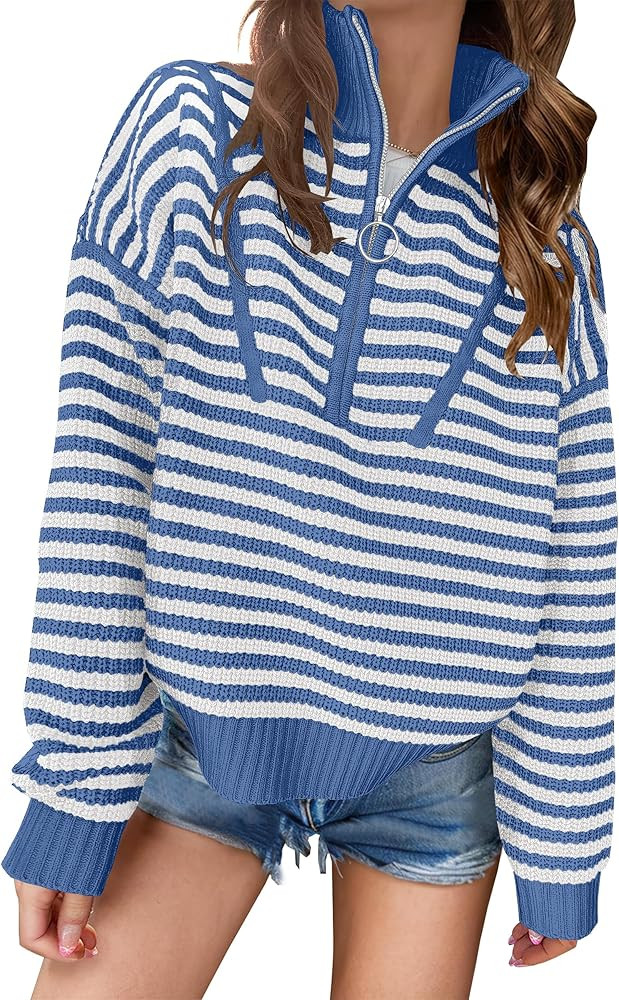 ANRABESS Sweaters for Women Striped Half Zip Long Sleeve Ribbed Knit Pullover Comfy Casual Lightw... | Amazon (US)