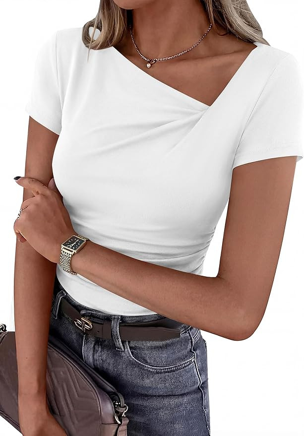 PRETTYGARDEN Women's 2026 Summer Asymmetrical Y2K Tops Trendy Ribbed Short Sleeve Fitted Tee Shir... | Amazon (US)