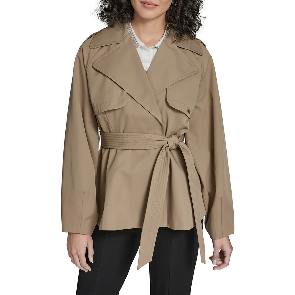 KARL LAGERFELD Short Flared Trench Coat in Khaki at Nordstrom, Size X-Large | Nordstrom