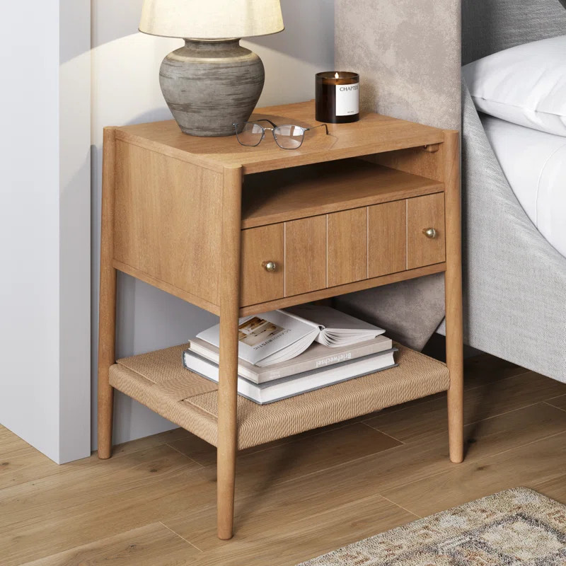 Defreitas Wood Nightstand With Drawer And Seagrass Bottom Shelf | Wayfair North America