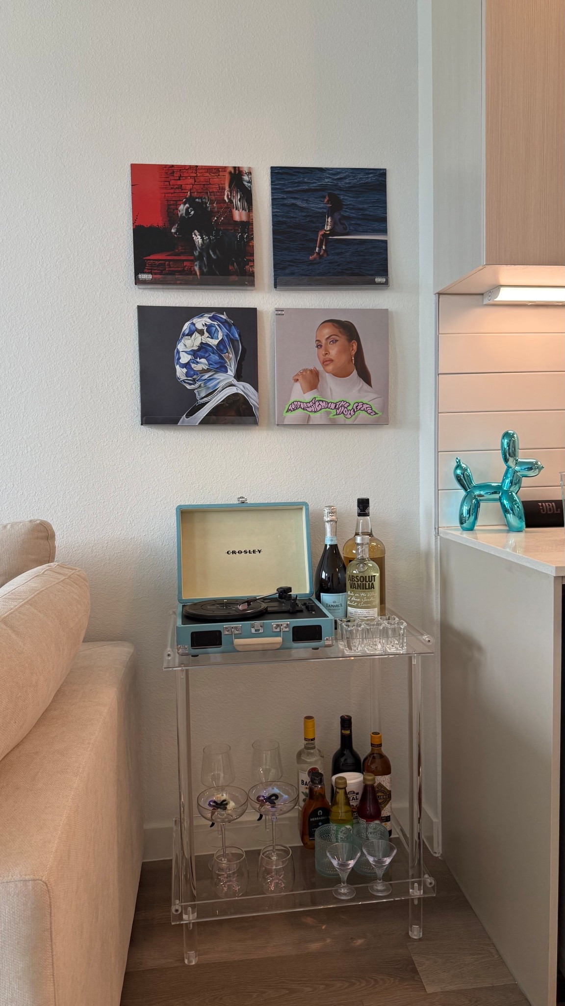 obsesseddd with my bar cart area! 🩵🍸 