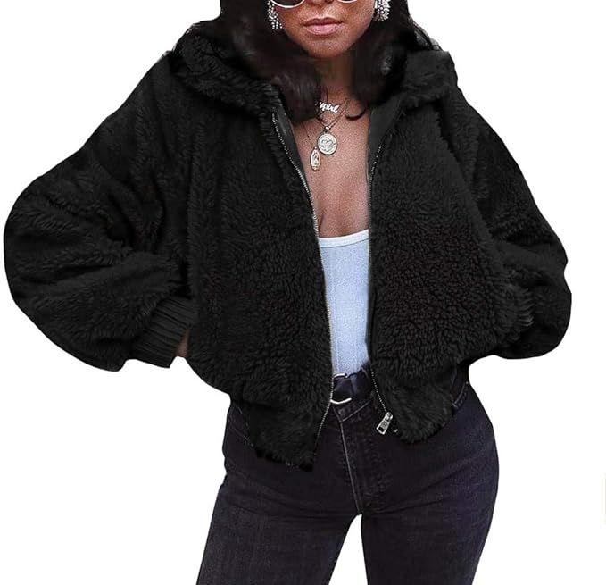 FANCYINN Womens Teddy Cropped Faux Fur Jacket Furry Lapel Coat Zip Up with Pockets Warm Winter | Amazon (US)