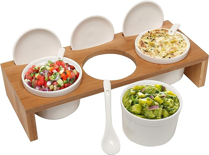 (3 Pcs) 3.5-Inch Ceramic Condiment Dip Sauce Ramekins Set w/Lids & Spoons on Bamboo Sampler Servi... | Amazon (US)