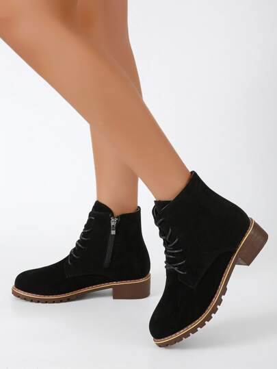 Minimalist Lace-up Front Block Heeled Boots | ROMWE