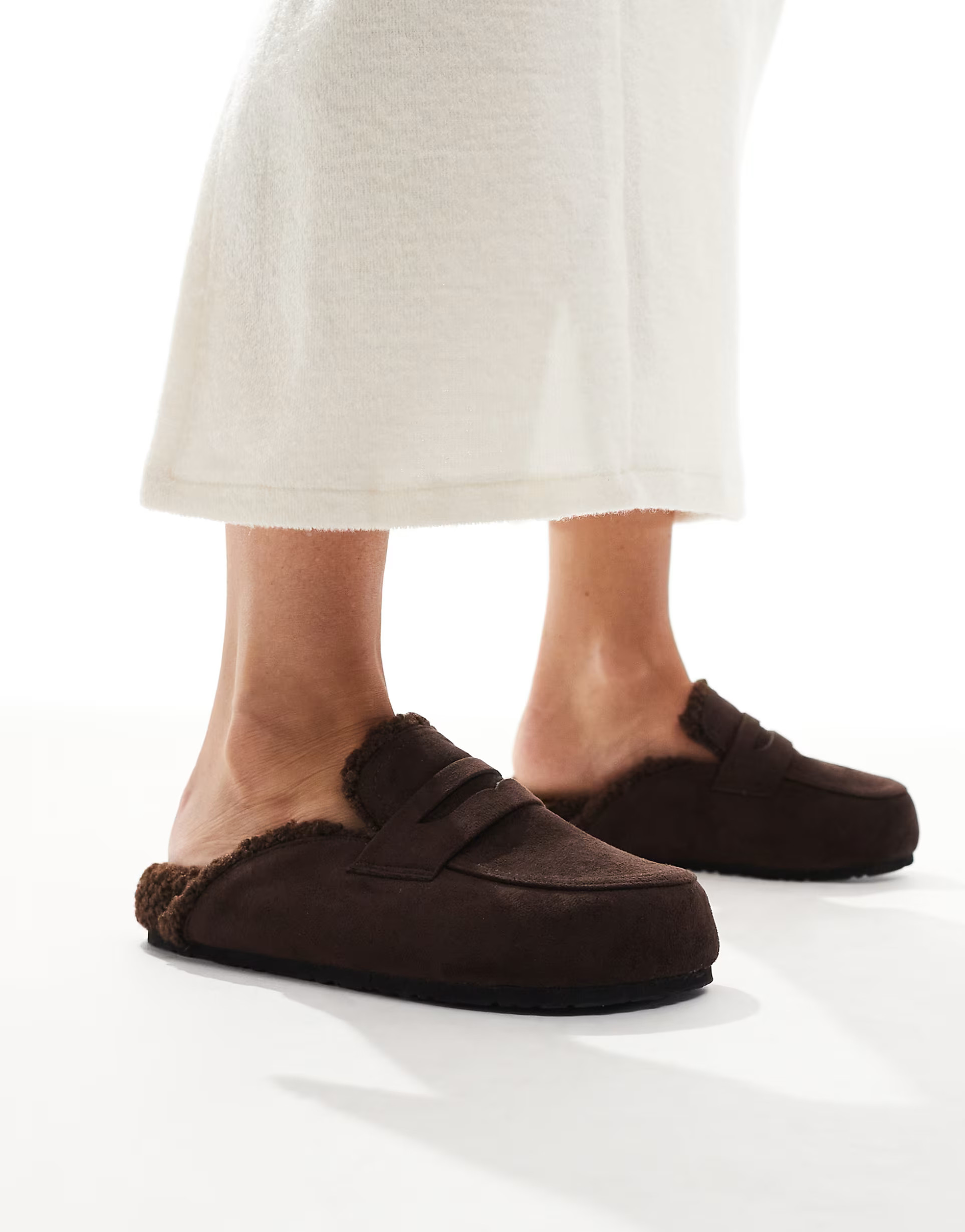 SEQWL Wide Fit Soda fur lined mules in chocolate | ASOS (Global)