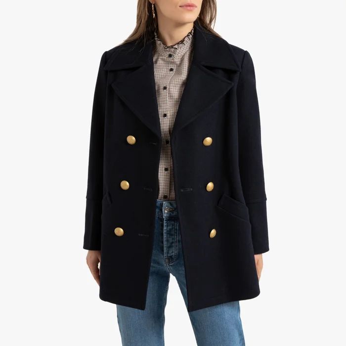 Wool Mix Pea Coat with Pockets and Double-Breasted Buttons | La Redoute (UK)