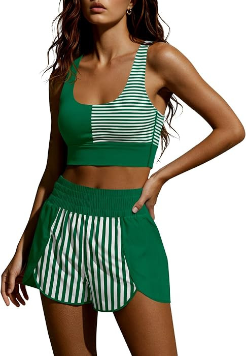 Fisoew Womens Two Piece Workout Outfits Cropped Tank Top Color Block Gym Yoga Athletic Short Sets... | Amazon (US)