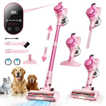 Homeika Cordless Vacuum Cleaner, 300W 23KPa Powerful Suction Vacuum with LED Display, 3 Suction, 48mins Runtime, Lightweight Stick Cleaner with Sofa Brush for Hard Floor/Carpet/Pet Hair/Car, Pink | Walmart (US)