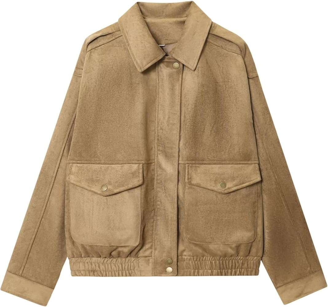 Wanzetaly Women's Faux Suede Leather Jacket Vintage Oversized Zip Up Outerwear Coat with Pockets | Amazon (US)