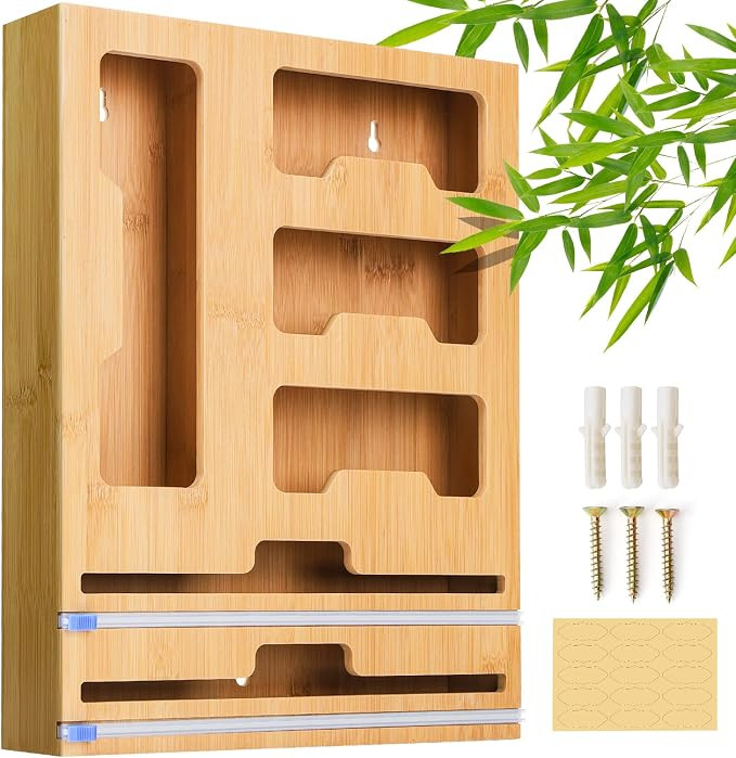 Wattne Bag Storage Organizer for Kitchen Drawer & Wrap Dispenser with Cutter, 6 in 1 Bamboo Organ... | Amazon (US)