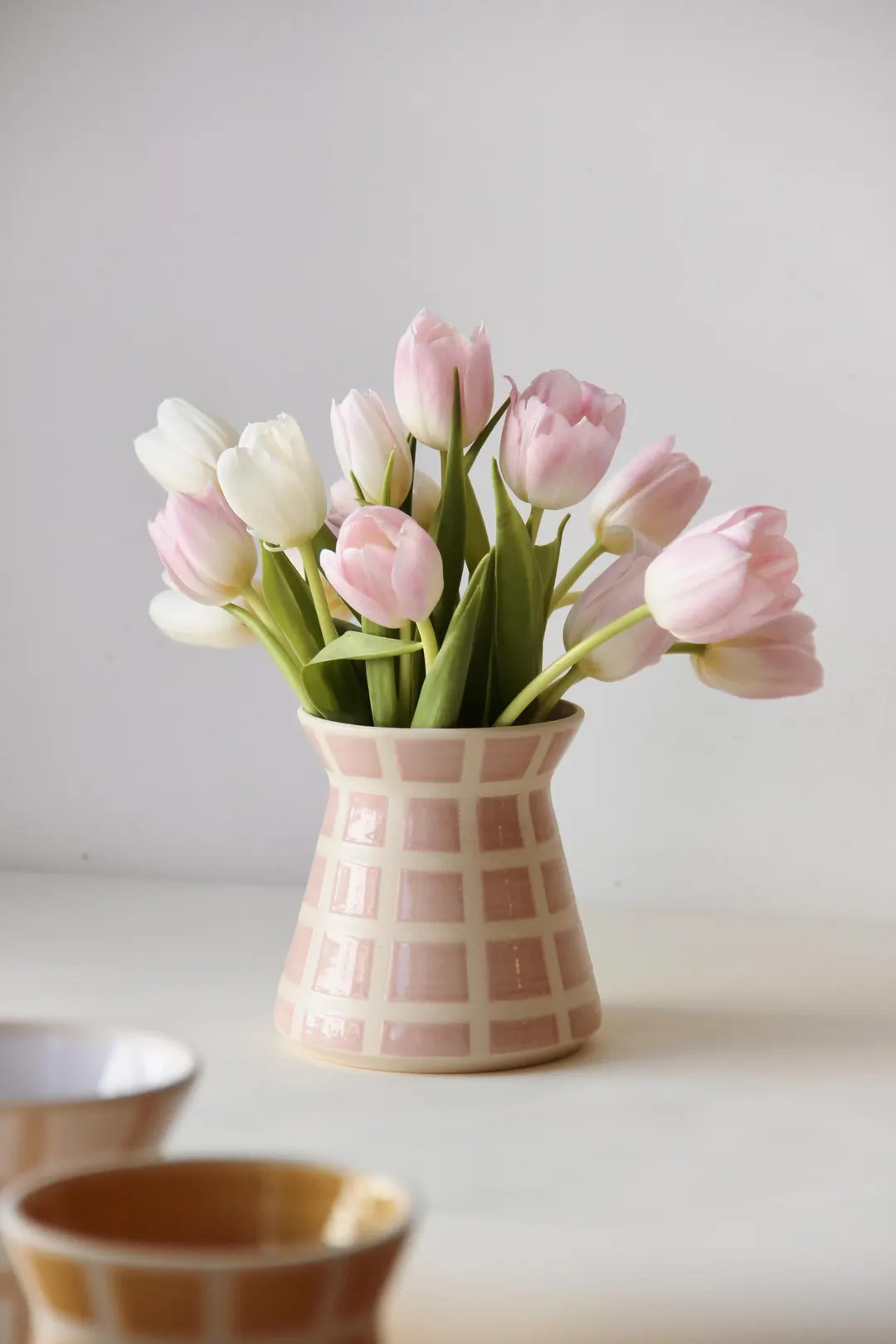 Handmade Ceramic Vase Checkered Vase Retro Modern Pink Vase Mid-century Modern Grid Flower Vase S... | Etsy (US)