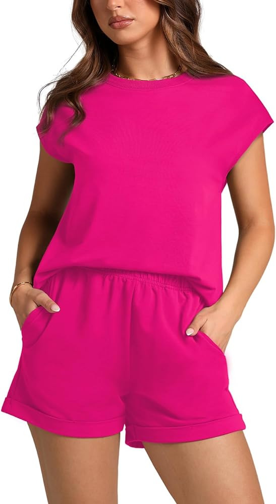 WIHOLL 2 Piece Sets for Women Casual Summer Travel Vacation Outfits Cap Sleeve Shorts Lounge Set | Amazon (US)
