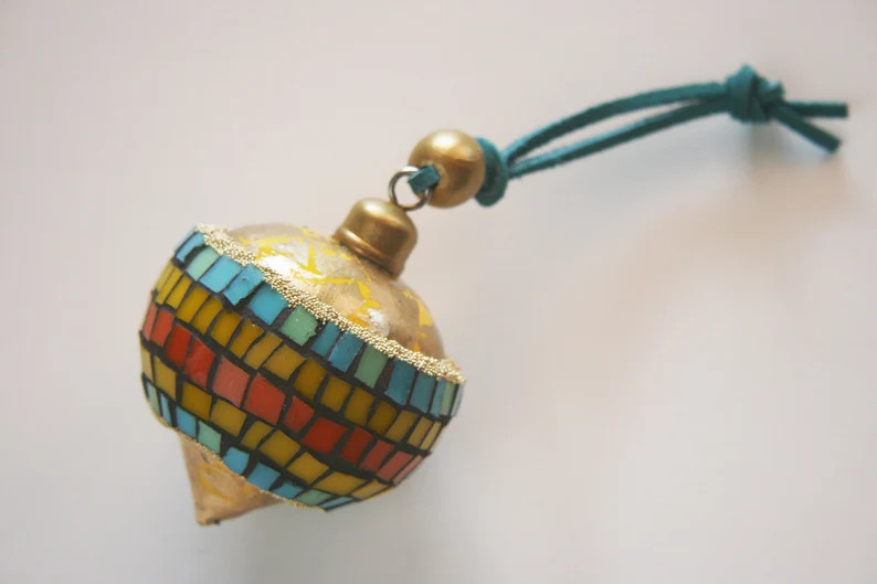 Bohemian Teardrop Ornament Yellow Orange Turquoise Gold Wood Bead Suede Boho Gilded Mosaic staine... | Etsy (Global)