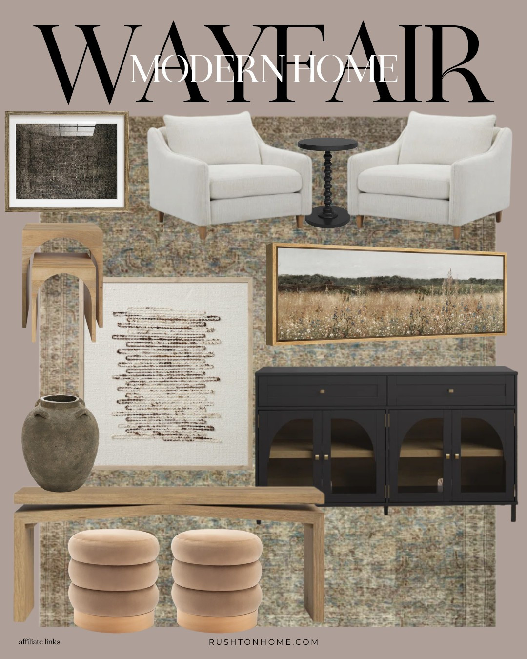 Perfect pieces for a living room or entryway, or even the accent space of a dining room or office! I love this black and wood glass console table for displaying all of your beautiful pieces. Plus 2 curved arm accent chairs and this textured art that everyone LOVES from my home.  Finish off the space with some side tables or ottomans and you are done!

I've been loving these @wayfair home finds! This inspiration pulls together a vibe that feels antique, european, earthy and yet still modern.

Home decor, home design, interior design, furniture, console table, accent chairs, vases, art, prints, large framed art, comfy chair set, seating area, ottomans
 

 

#LTKWatchNow #LTKHome #LTKSaleAlert