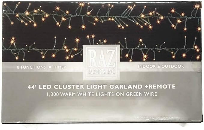 Raz Christmas Cluster Lights 44 Foot Garland with 1300 Warm White Lights on Green Wire with Remot... | Amazon (US)