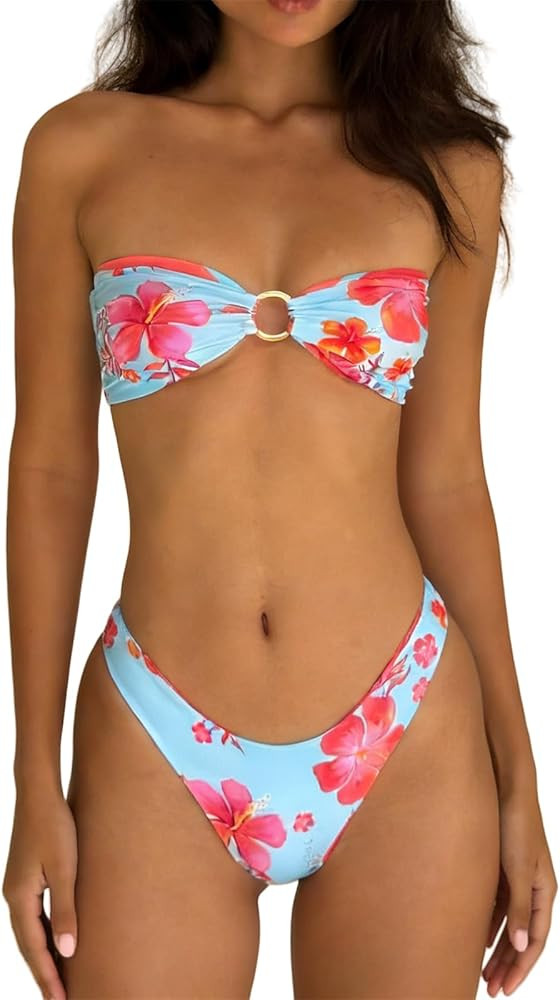 Women Floral Bandeau Bikini Set O Ring Strapless Tie Back Bikini Top High Cut Cheeky Thong Bathin... | Amazon (US)