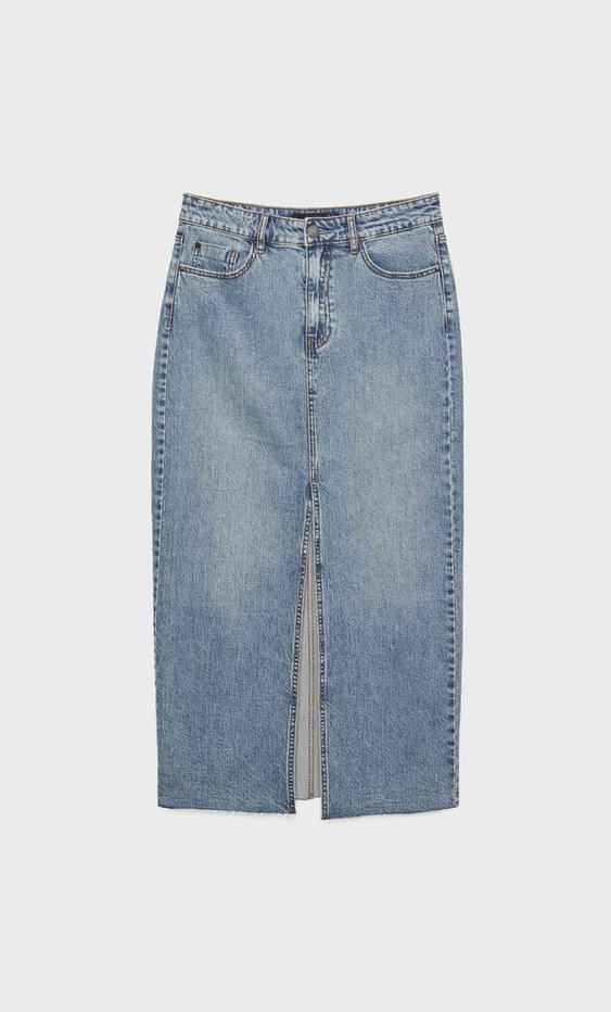 Long straight fit denim skirt with a front slit and seamless hem. Featuring a high waist, comfort... | Stradivarius (UK)