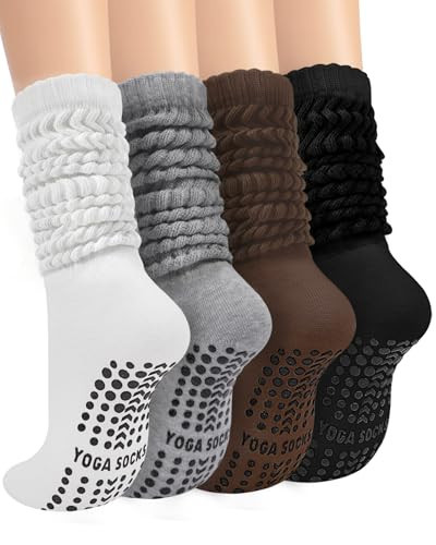 Grip Pilates Socks for Women, Non Slip Yoga Slouch Scrunch Socks with Grips for Barre Ballet Workout Hospital, Black + White + Grey + Brown | Amazon (US)