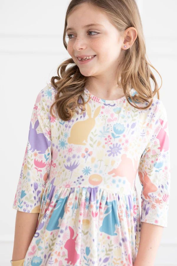 Pastel Floral Bunnies 3/4 Sleeve Pocket Twirl Dress | Mila and Rose
