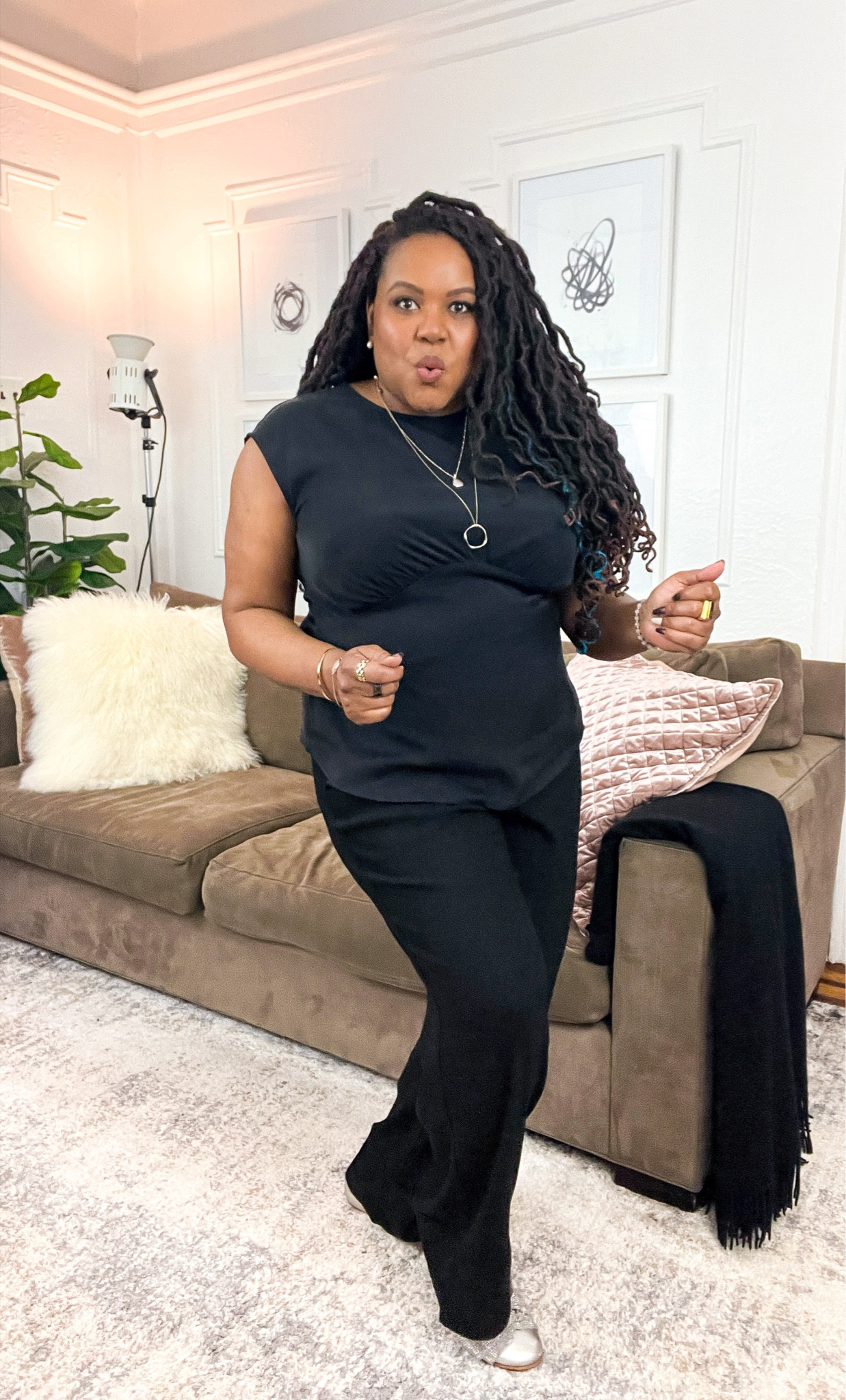 Universal Standard Mystery Box pieces. Patranila is wearing size Small (16). TTS Black silk shell, black duo satin pants, silver metallic ballet flats. 

Elevated casual outfit, fall midsize  outfit, tummy friendly, bump friendly #ltkover40 #LTKfindsunder50 #LTKfindsunder100 

#LTKSeasonal #LTKmidsize #LTKstyletip