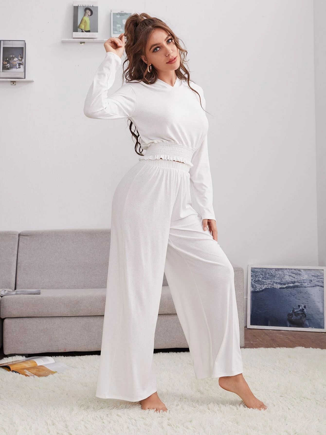 Solid Frill Trim Hooded Lounge Set | SHEIN