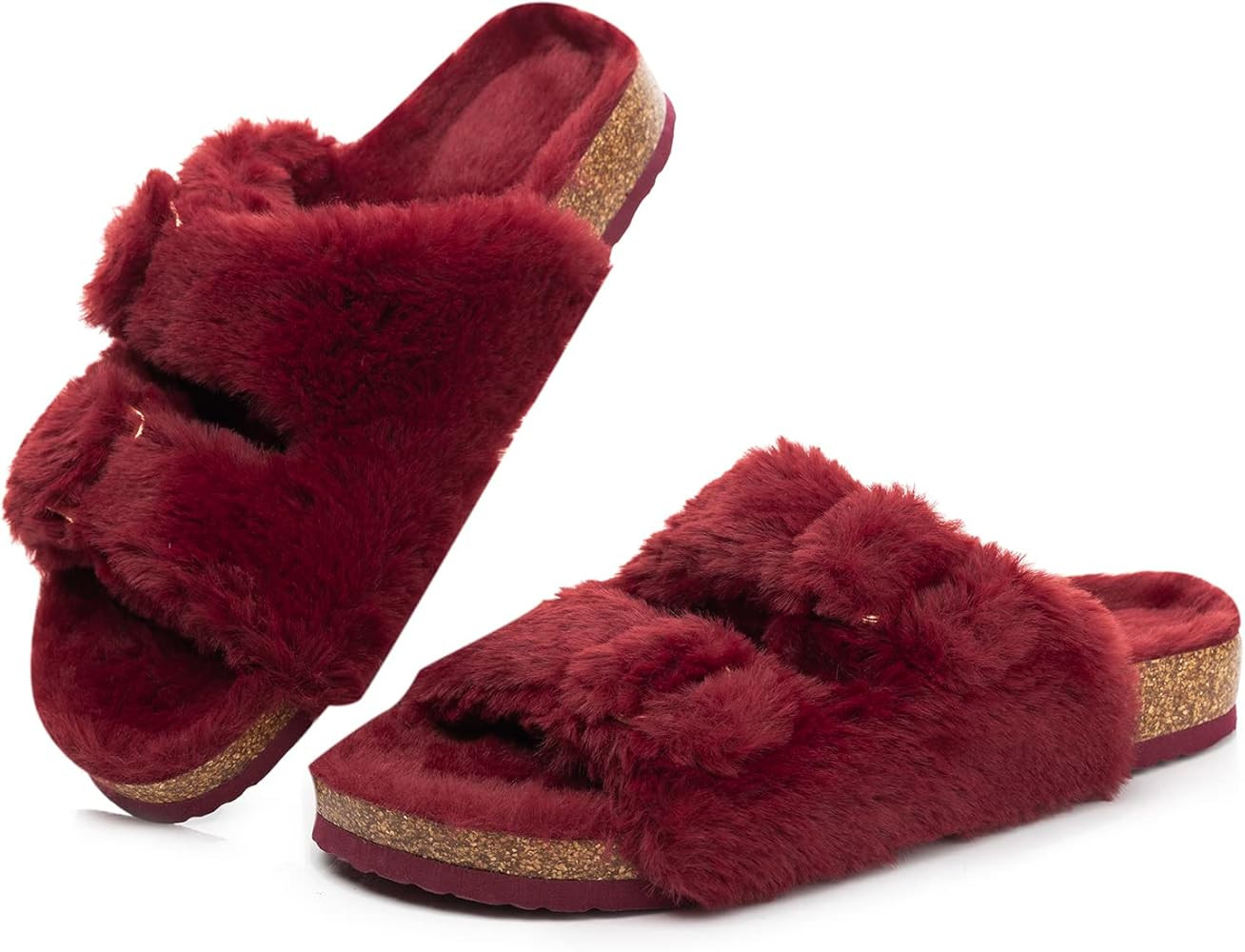 FITORY Womens Open Toe Slipper with Cozy Lining,Faux Rabbit Fur Cork Slide Sandals Size 6-11 | Amazon (US)