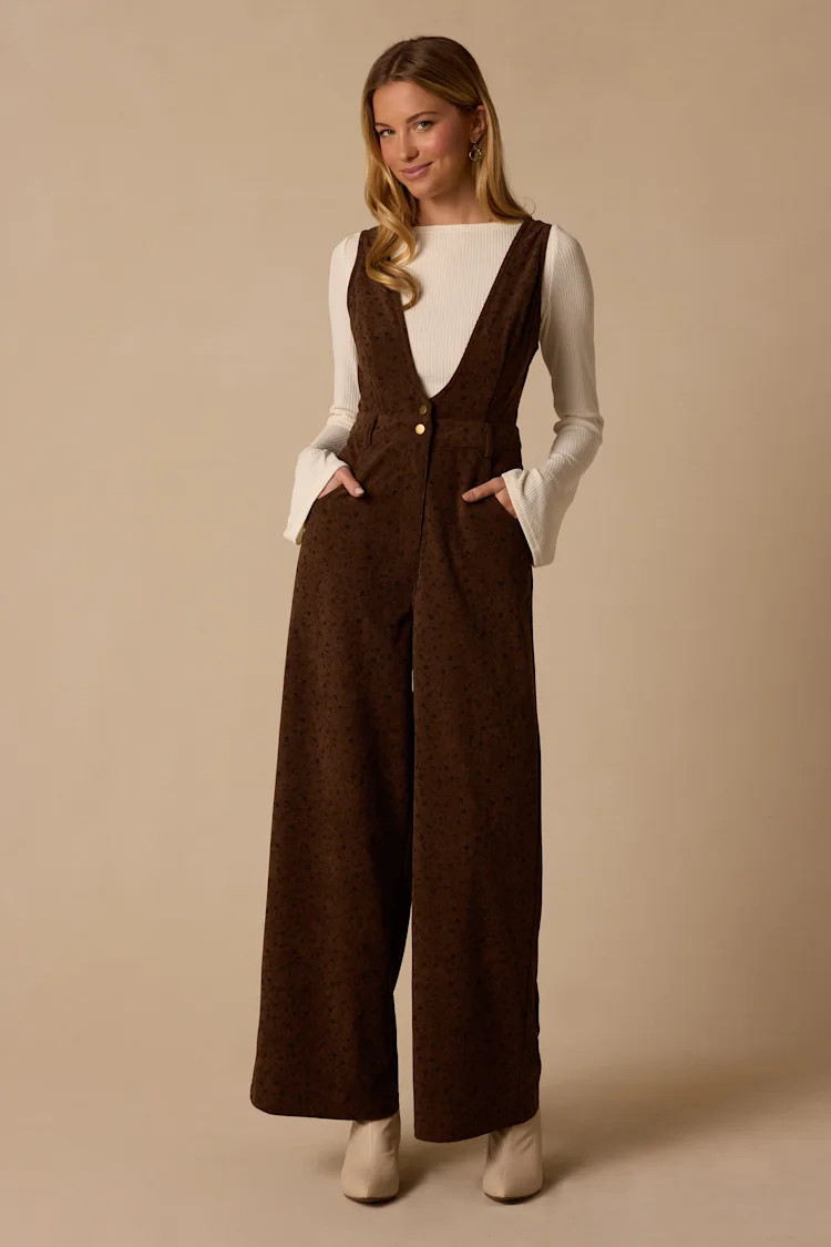 West Village Brown Floral Pinafore Jumpsuit | Lulus
