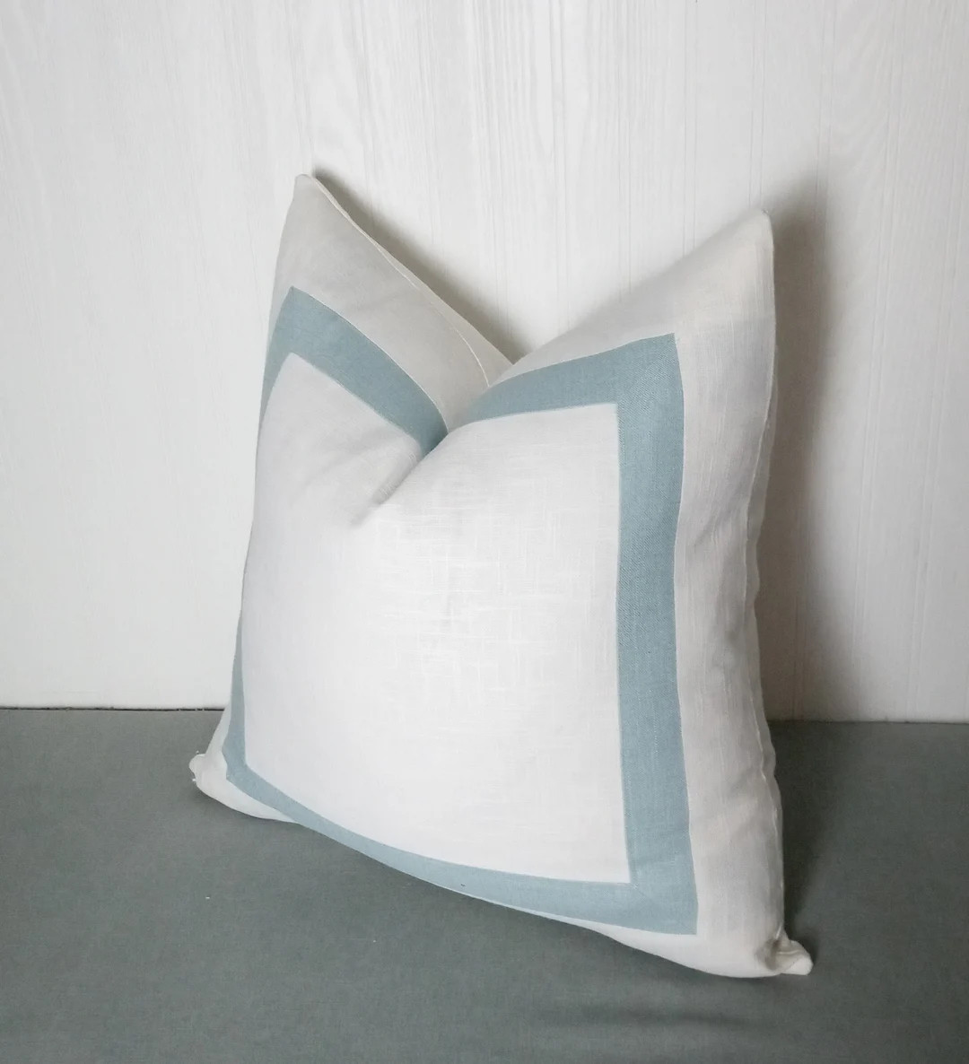 White Pillow Cover With Light Blue Mitered Band 18x18 20x20 22x22 24x24 Made to Order Bed Sham St... | Etsy (US)