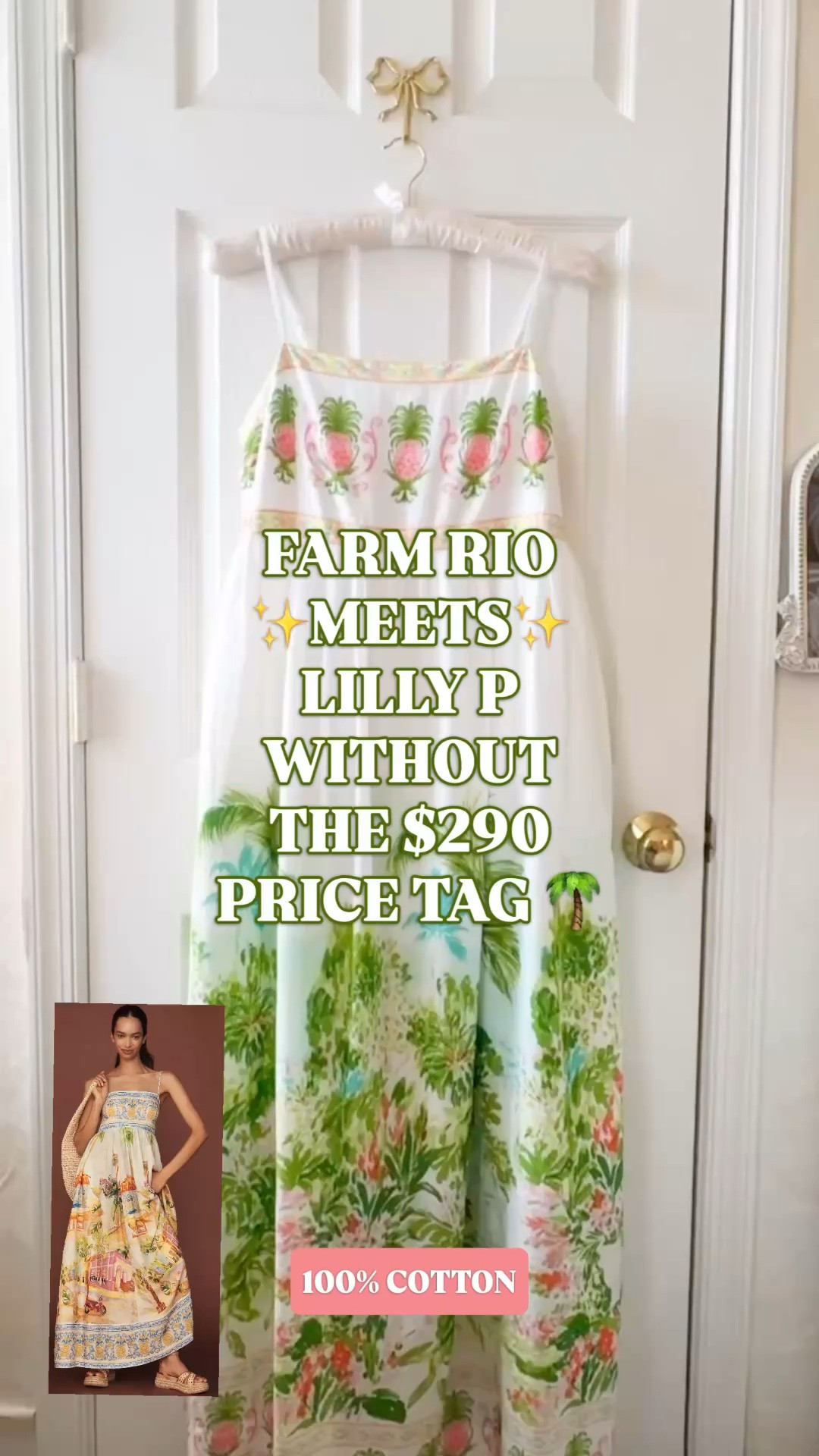 Farm Rio Aracati look for less | Lilly Pulitzer inspired dress | tropical maxi dress | vacation dress | resort dress

Farm Rio meets Lilly Pulitzer without the $290 price tag. 🌴

This Belk Crown & Ivy maxi gives the $290 Farm Rio Aracati Dress look with a Lilly P inspired pink-and-green resort twist. 

The slim strap maxi silhouette, straight neckline, pineapple bodice border, tropical scenic palm print, pineapple hem border, pockets, and long breezy shape give it that Farm Rio vacation dress drama. The pink pineapples, bright green palms, white ground, and cheerful resort palette bring in that Lilly Pulitzer Palm Beach energy.

It is 100% cotton, and fully lined! 

This is the dress you pack for beach vacations, resort dinners, cruises, tropical getaways, Palm Beach trips, poolside lunches, beach club dinners, vacation family photos, girls trips, summer brunch, warm-weather birthdays, and every dinner reservation. 

Style it with raffia sandals, gold hoops, woven bags, white sandals, pearl earrings, wedges, or a straw tote.

If you love Farm Rio dresses, Lilly Pulitzer style, pink and green dresses, tropical maxi dresses, pineapple print dresses, palm print dresses, cotton maxi dresses, vacation outfits, beach dresses, summer wedding guest dresses, date night outfits, Palm Beach style, and designer looks for less, this is the first dress that belongs in your suitcase for your next vacay. 

Farm Rio Aracati dress look for less, Farm Rio inspired dress, Lilly Pulitzer inspired dress, pink and green dress, tropical maxi dress, palm print dress, pineapple print dress, 100 cotton maxi dress, Belk dress, Crown and Ivy dress, vacation dress, resort dinner dress, cruise outfit, beach vacation dress, summer wedding guest dress, date night outfit, Palm Beach style, designer look for less

#LTKFindsUnder50 #LTKFindsUnder100 #PreppyStyle #LookForLess #LillyPulitzer #LookForLess #FarmRio #VacationOutfit #SummerDress #SummerOutfit

#LTKSeasonal #LTKSaleAlert #LTKTravel