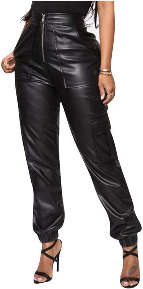 Sexyshine Women's Faux Leather Loose Solid Pant High Waist Baggy Jogger Cargo Pant with Pockets | Amazon (US)
