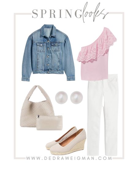 Spring outfit idea! These white pants are perfectly paired with this off the shoulder blouse and jean jacket!

#springoutfit #ltkspring 

#LTKstyletip #LTKSeasonal #LTKFind