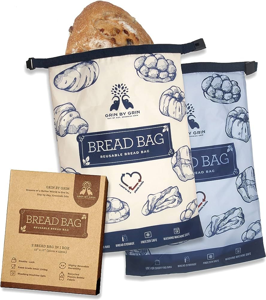 GRIN BY GRIN- 2 Packs Bread Bags to Keep Fresh, Reusable Zipper for Homemade Loaf, Freezer Storag... | Amazon (US)