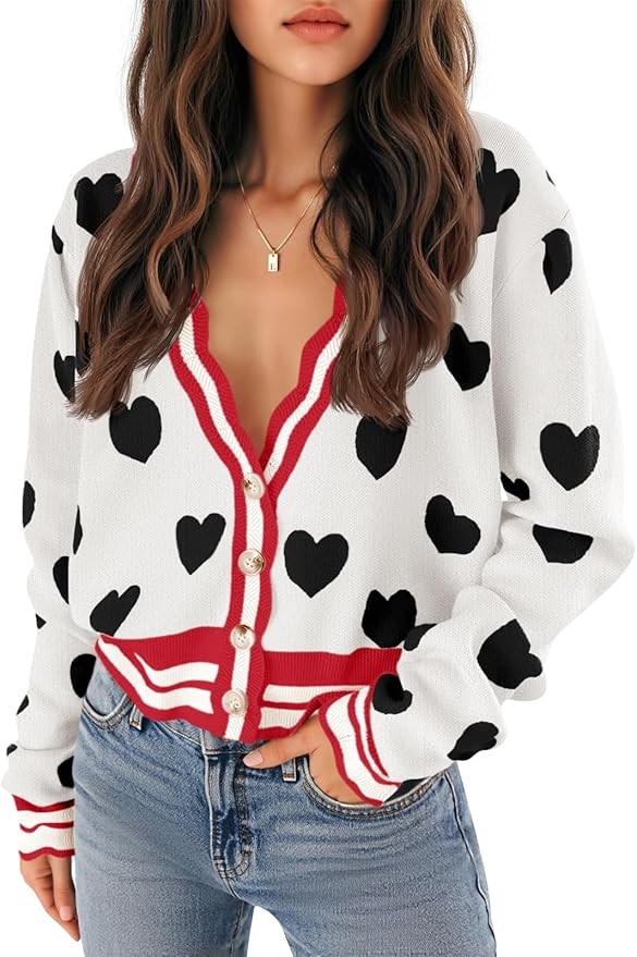 Saodimallsu Womens Cute Heart Cardigan Sweaters Button V Neck Long Sleeve Color Block Knit Valent... | Amazon (US)