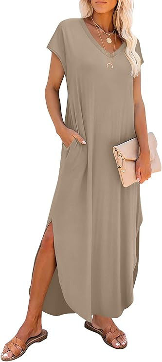 RUMIA Summer Casual Maxi Dresses for Women- Women's V Neck Cap Sleeve Long Sundress with Pockets ... | Amazon (US)